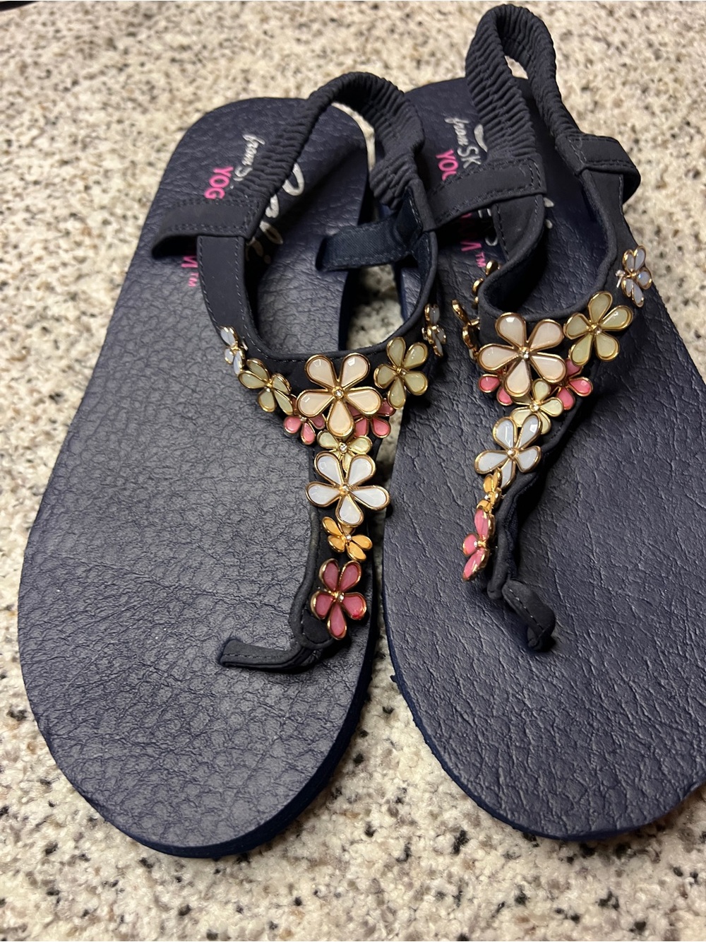 Skechers Navy Floral Jeweled Thong Sandals